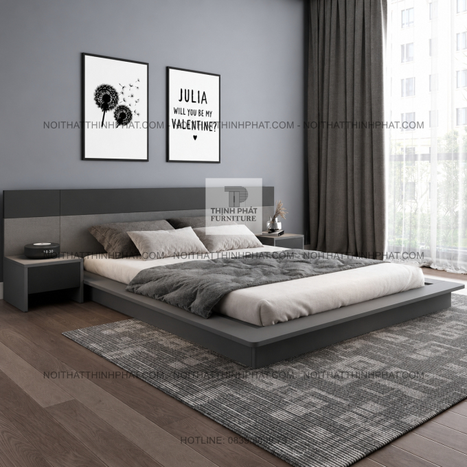 Giường Ngủ Bệt MDF Màu Xám Đầu Giường Rộng GN22