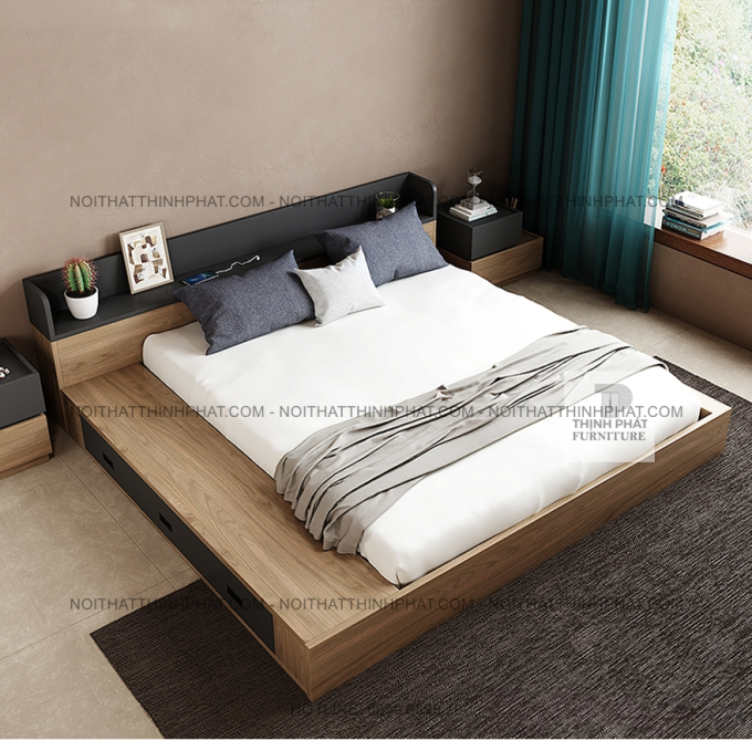 Giường Ngủ Bệt MDF Vân Gỗ Có Ngăn Kéo Và Kệ Đầu Giường GN34