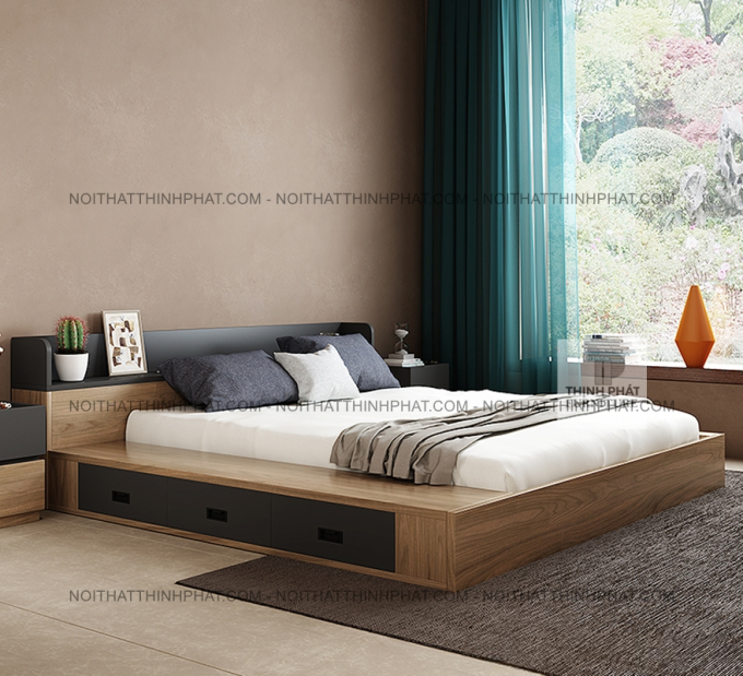 Giường Ngủ Bệt MDF Vân Gỗ Có Ngăn Kéo Và Kệ Đầu Giường GN34