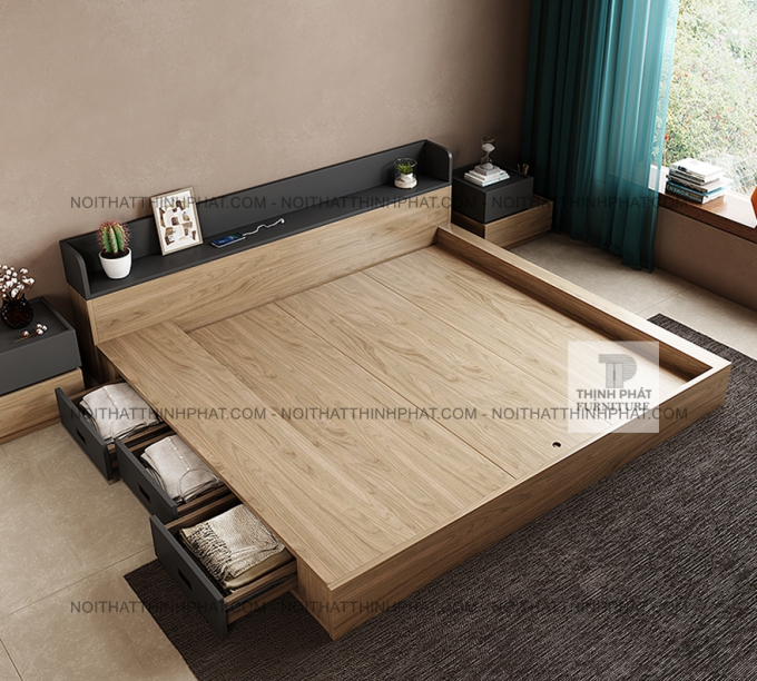 Giường Ngủ Bệt MDF Vân Gỗ Có Ngăn Kéo Và Kệ Đầu Giường GN34