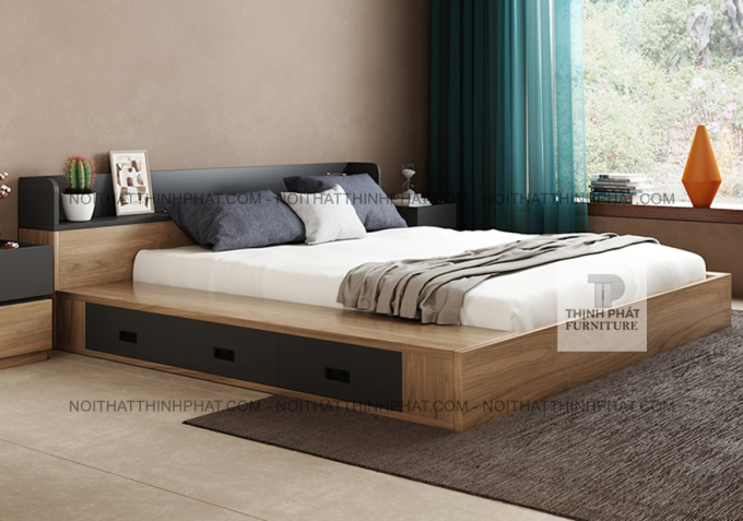 Giường Ngủ Bệt MDF Vân Gỗ Có Ngăn Kéo Và Kệ Đầu Giường GN34