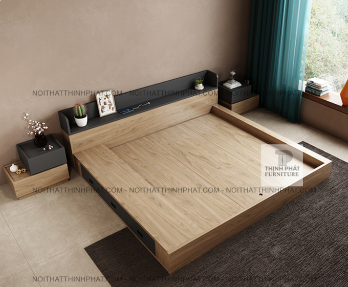 Giường Ngủ Bệt MDF Vân Gỗ Có Ngăn Kéo Và Kệ Đầu Giường GN34