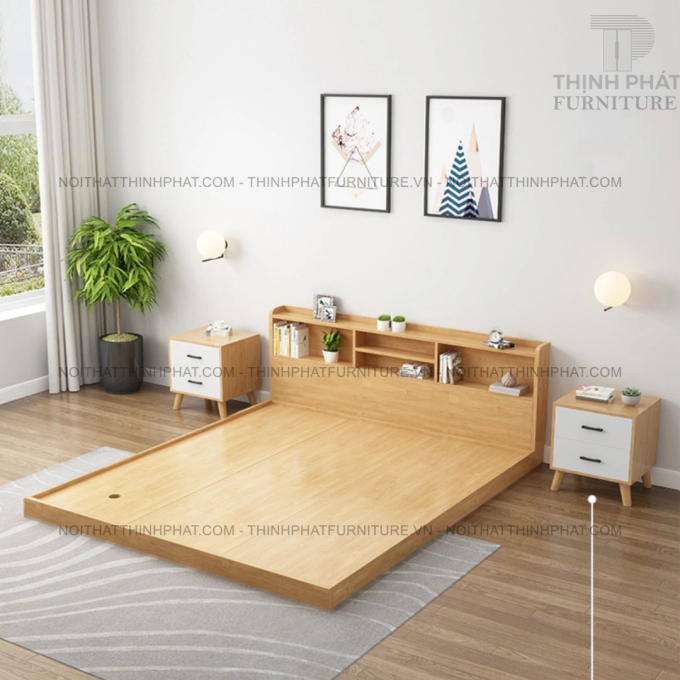 Giường Ngủ Bệt Tatami MDF Vân Gỗ Sáng Có Kệ Đầu Giường GN40