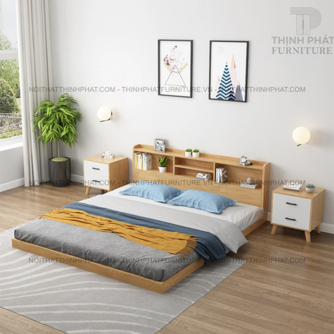 Giường Ngủ Bệt Tatami MDF Vân Gỗ Sáng Có Kệ Đầu Giường GN40