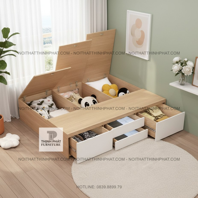 Giường Ngủ Không Đầu Giường Có Ngăn Kéo, Hộc Để Đồ Nâng Lên Tiết Kiệm Không Gian GN20