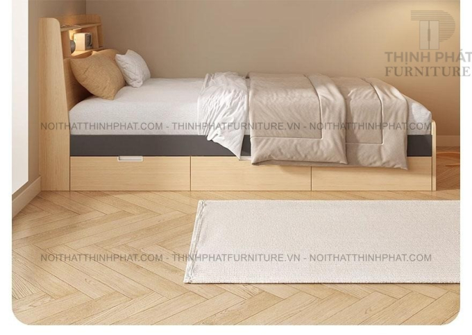 Giường Ngủ MDF Có Ngăn Kéo, Kệ Đầu Giường LED GN28