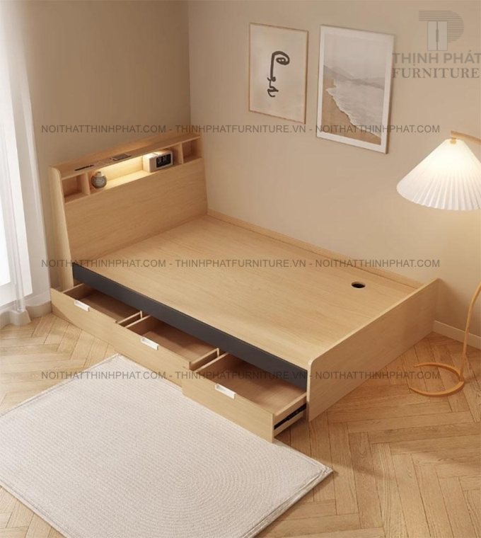 Giường Ngủ MDF Có Ngăn Kéo, Kệ Đầu Giường LED GN28