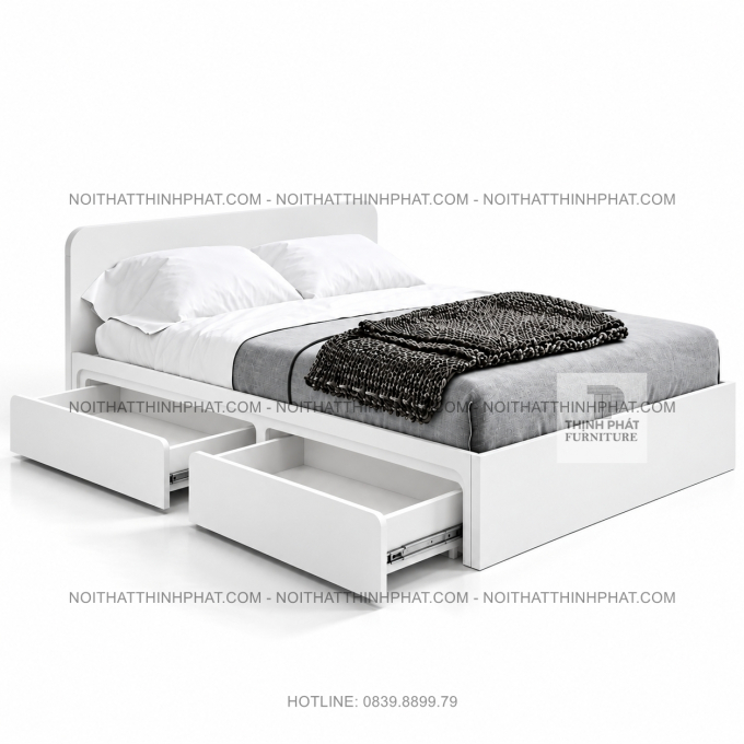 Giường Ngủ MDF Trắng Thanh Lịch, Ngăn Kéo Tiện Nghi GN41