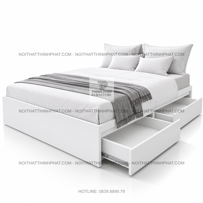 Giường Ngủ MDF Trắng Tối Giản Có Ngăn Kéo Tiện Lợi GN31