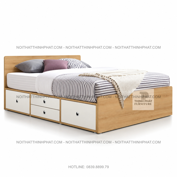 Giường Ngủ MDF Vân Gỗ Phối Trắng, 4 Ngăn Kéo Và Hộc Chứa Đồ GN55
