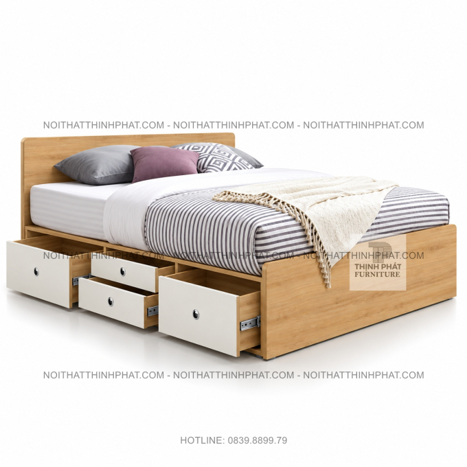 Giường Ngủ MDF Vân Gỗ Phối Trắng, 4 Ngăn Kéo Và Hộc Chứa Đồ GN55
