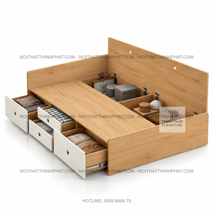 Giường Ngủ MDF Vân Gỗ Phối Trắng, 4 Ngăn Kéo Và Hộc Chứa Đồ GN55