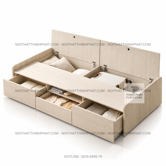Giường Ngủ MDF Vân Gỗ Sáng Có Ngăn Kéo Và Hộc Nắp Mở GN56