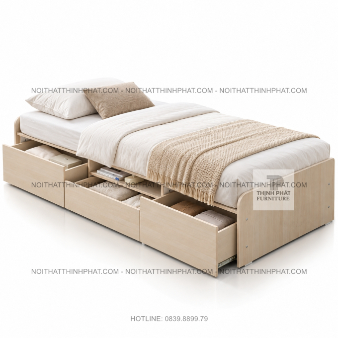 Giường Ngủ MDF Vân Gỗ Sáng Có Ngăn Kéo Và Hộc Nắp Mở GN56