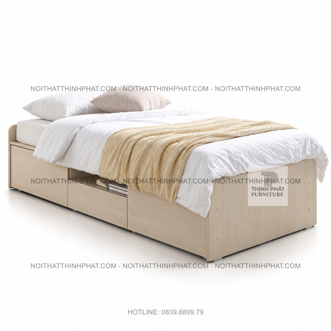 Giường Ngủ MDF Vân Gỗ Sáng Có Ngăn Kéo Và Hộc Nắp Mở GN56