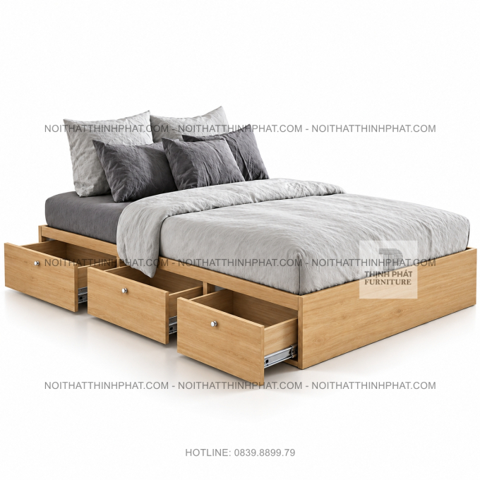 Giường Ngủ MDF Vân Gỗ Sáng Không Đầu Giường, 3 Ngăn Kéo GN51