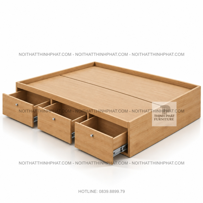 Giường Ngủ MDF Vân Gỗ Sáng Không Đầu Giường, 3 Ngăn Kéo GN51