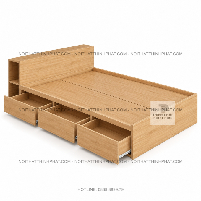 Giường Ngủ MDF Vân Gỗ Sáng, Ngăn Kéo Và Kệ Đầu Giường GN44