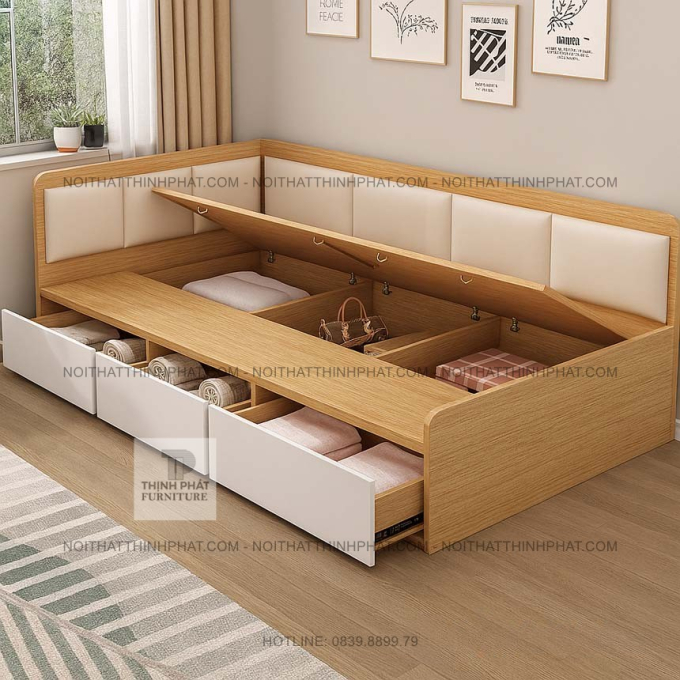 Giường Tựa Lưng Góc Tường, Thiết Kế Thông Minh Với Ngăn Kéo Và Hộc Đồ GN26
