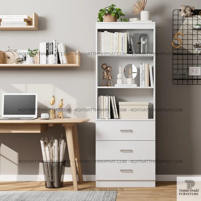 Kệ Sách Đứng Gỗ MDF Màu Trắng Có 3 Hộc Kéo Tiện Lợi Cho Phòng Khách Hiện Đại TS08