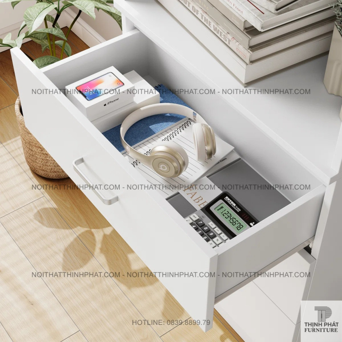Kệ Sách Đứng Gỗ MDF Màu Trắng Có 3 Hộc Kéo Tiện Lợi Cho Phòng Khách Hiện Đại TS08