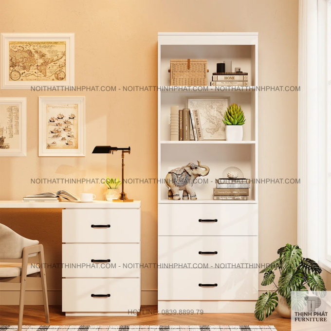 Kệ Sách Đứng Nhỏ Gọn 3 Hộc 3 Ngăn Kéo Màu Trắng Hiện Đại Cho Nhà Chung Cư TS04