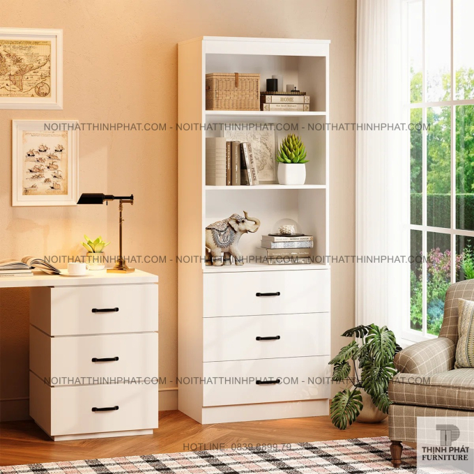 Kệ Sách Đứng Nhỏ Gọn 3 Hộc 3 Ngăn Kéo Màu Trắng Hiện Đại Cho Nhà Chung Cư TS04