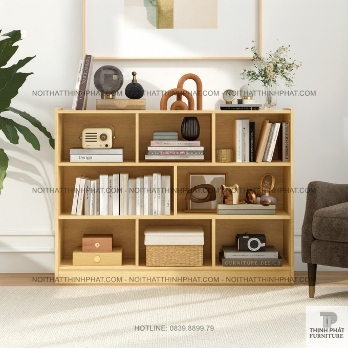 Kệ Sách Gỗ Công Nghiệp 3 Tầng 9 Ngăn Trang Trí Decor Phòng Khách Kiểu Bắc Âu TS02