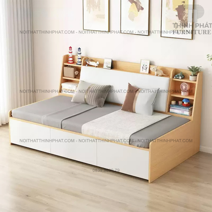 Sofa Giường MDF Vân Gỗ Phối Trắng, Kệ Lưu Trữ Đa Năng GN53