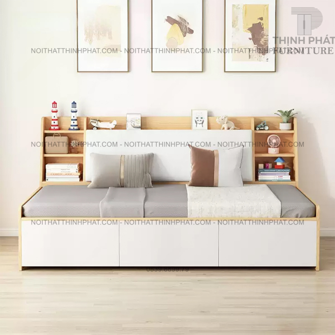 Sofa Giường MDF Vân Gỗ Phối Trắng, Kệ Lưu Trữ Đa Năng GN53