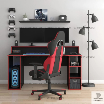 Bàn Gaming PC Đen Viền Đỏ Hiện Đại Có Giá Để Màn Hình Và Khoang CPU...