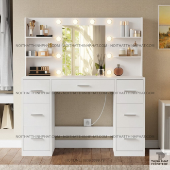 Bàn Trang Điểm Gương Gắn Bóng LED Hiện Đại, Kệ Hai Bên Và 6 Hộc Kéo...