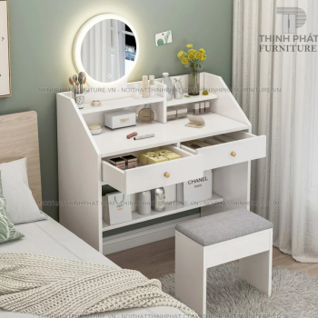 Bàn Trang Điểm Gương Tròn Viền Đèn Led Thiết Kế Nhiều Ngăn Kệ BTD10