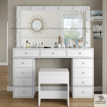 Bàn Trang Điểm Hollywood Gắn Bóng LED Trắng, Gương Lớn Và Hệ 11 Hộc...
