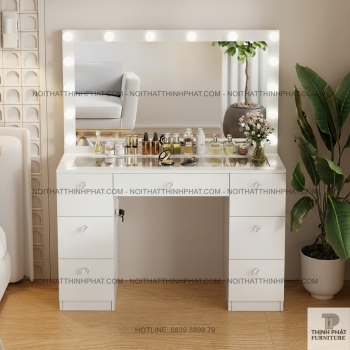 Bàn Trang Điểm Mặt Kính Cường Lực, Gương Gắn Bóng LED Sang Trọng, Màu...