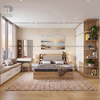 Combo Phòng Ngủ MDF Hiện Đại Tone Gỗ Sồi Phối Trắng Có Tủ Áo 2 Tầng...