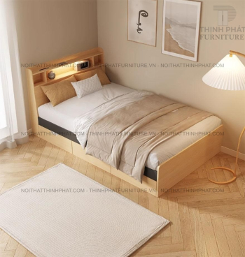 Giường Ngủ MDF Có Ngăn Kéo, Kệ Đầu Giường LED GN28