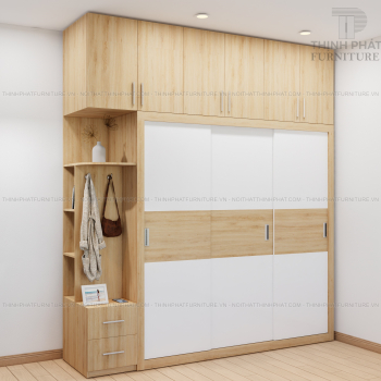 Tủ Áo 2 Tầng, Kịch Trần, 3 Cửa Trượt Kết Hợp Kệ Trang Trí, Gỗ...