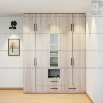 Tủ Áo 2 Tầng, Sát Trần, Cửa Lộng Kính Tích Hợp Kệ Trang Trí ,Gỗ...