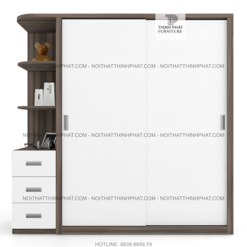 Tủ Áo Gỗ Công Nghiệp Cửa Lùa Có Kệ Trang Trí, 3 Hộc Kéo Ngoài TQA27