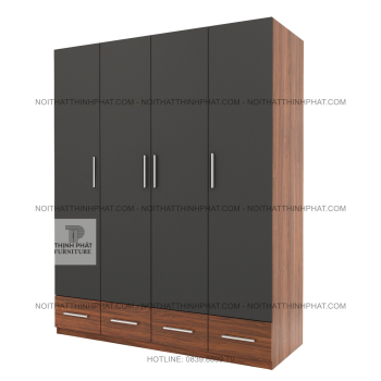 Tủ Áo MDF 4 Cánh Màu Xám Phối Vân Gỗ, Nhiều Ngăn Để Đồ Và Hộc Kéo...