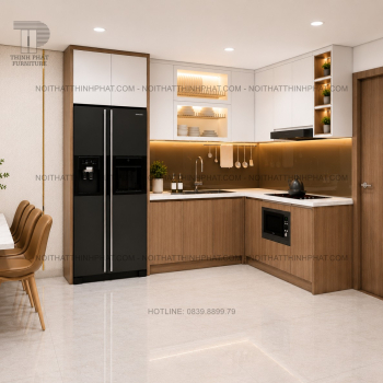 Tủ Bếp Chữ L Hiện Đại Phối Màu Trắng Và Vân Gỗ TB02