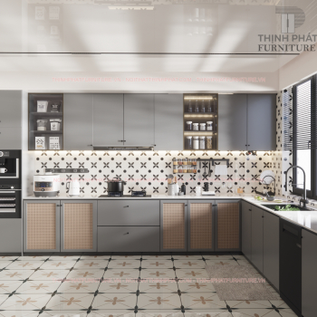 Tủ Bếp Melamine Phối Cửa Mây Mắt Cáo Kiểu Dáng Chữ L TB03