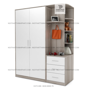 Tủ Quần Áo 1m6 x 2m Cánh Mở Kèm Kệ Trang Trí Bo Góc Và 3 Hộc Kéo Ngoài,...