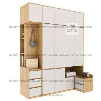 Tủ Quần Áo 2 Tầng Gỗ MDF Không Tay Nắm Kết Hợp Kệ Trang Trí Và Tab...