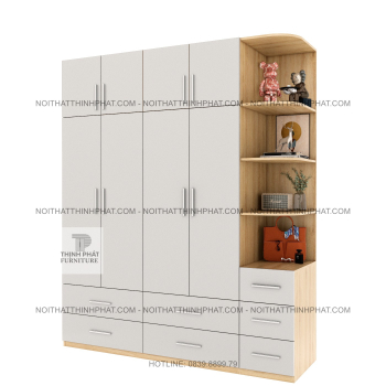 Tủ Quần Áo 2 Tầng MDF 4 Cánh Mở Kèm Kệ Trang Trí Bo Góc Và Nhều Ngăn...