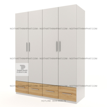 Tủ Quần Áo 4 Cánh Hiện Đại Màu Trắng Phối Gỗ Có 4 Hộc Kéo TPHCM...