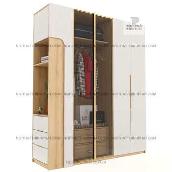 Tủ Quần Áo Cánh Kính Kết Hợp Kệ Trang Trí & Ngăn Kéo Bên Hông Hiện...