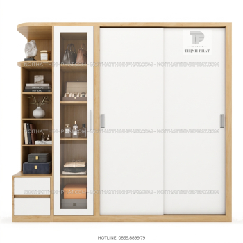 Tủ Quần Áo Cửa Lùa Kèm Tủ Trưng Bày Và Kệ Trang Trí TQA135 (2m x 2m)