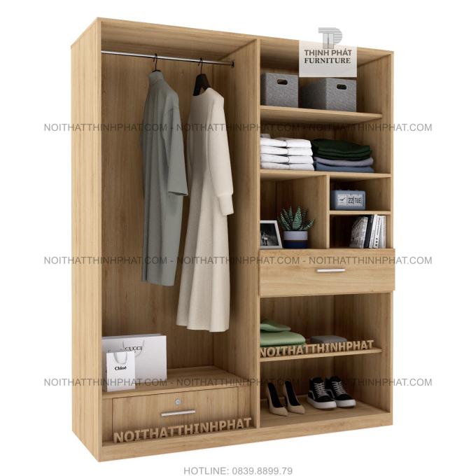 Tủ Áo 1m8 X 2m Cửa Mở Kèm Ô Trang Trí, Hiện Đại, Tiện Dụng, Gỗ Mdf Phủ Melamine TQA16